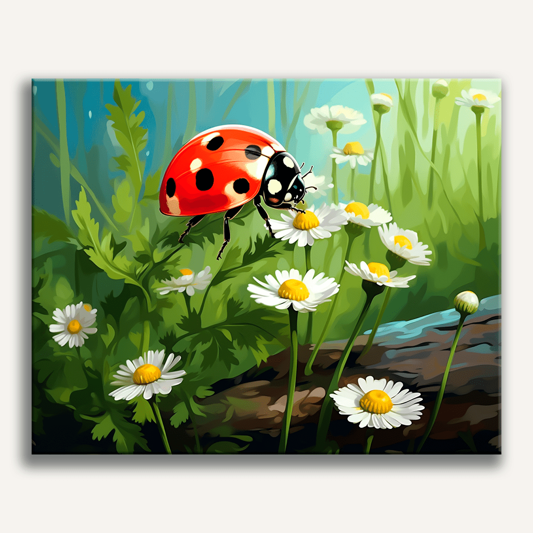 A digital illustration featuring a cartoon ladybug perched on a clover plant amidst a lush, green environment dotted with yellow flowers and a few green plants, set against a serene backdrop that suggests a sunny day..