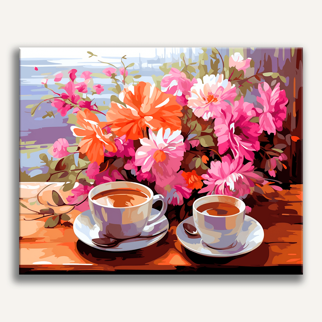 A digital art piece showcases two cups of coffee placed on a wooden tabletop in front of a bouquet of vibrant flowers..