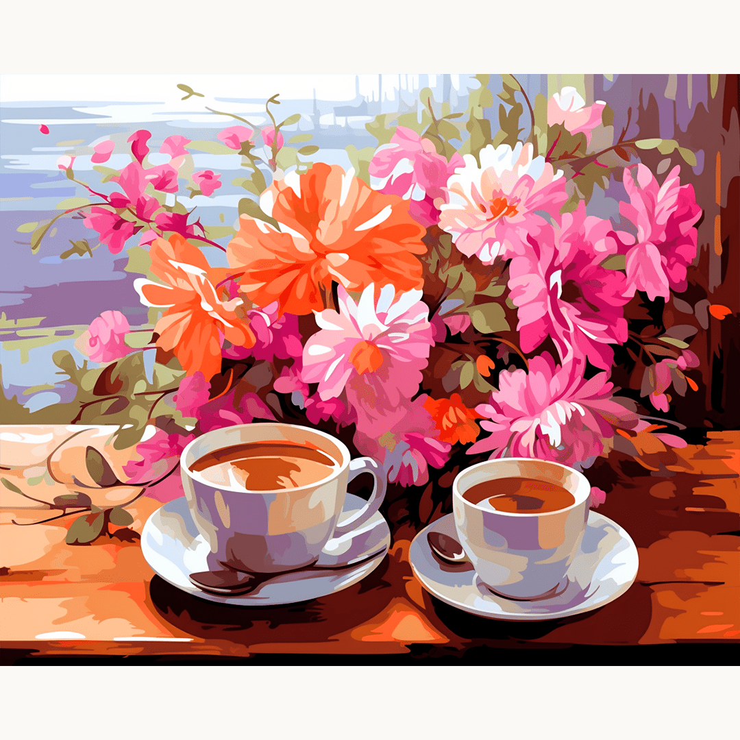 A digital art piece showcases two cups of coffee placed on a wooden tabletop in front of a bouquet of vibrant flowers..