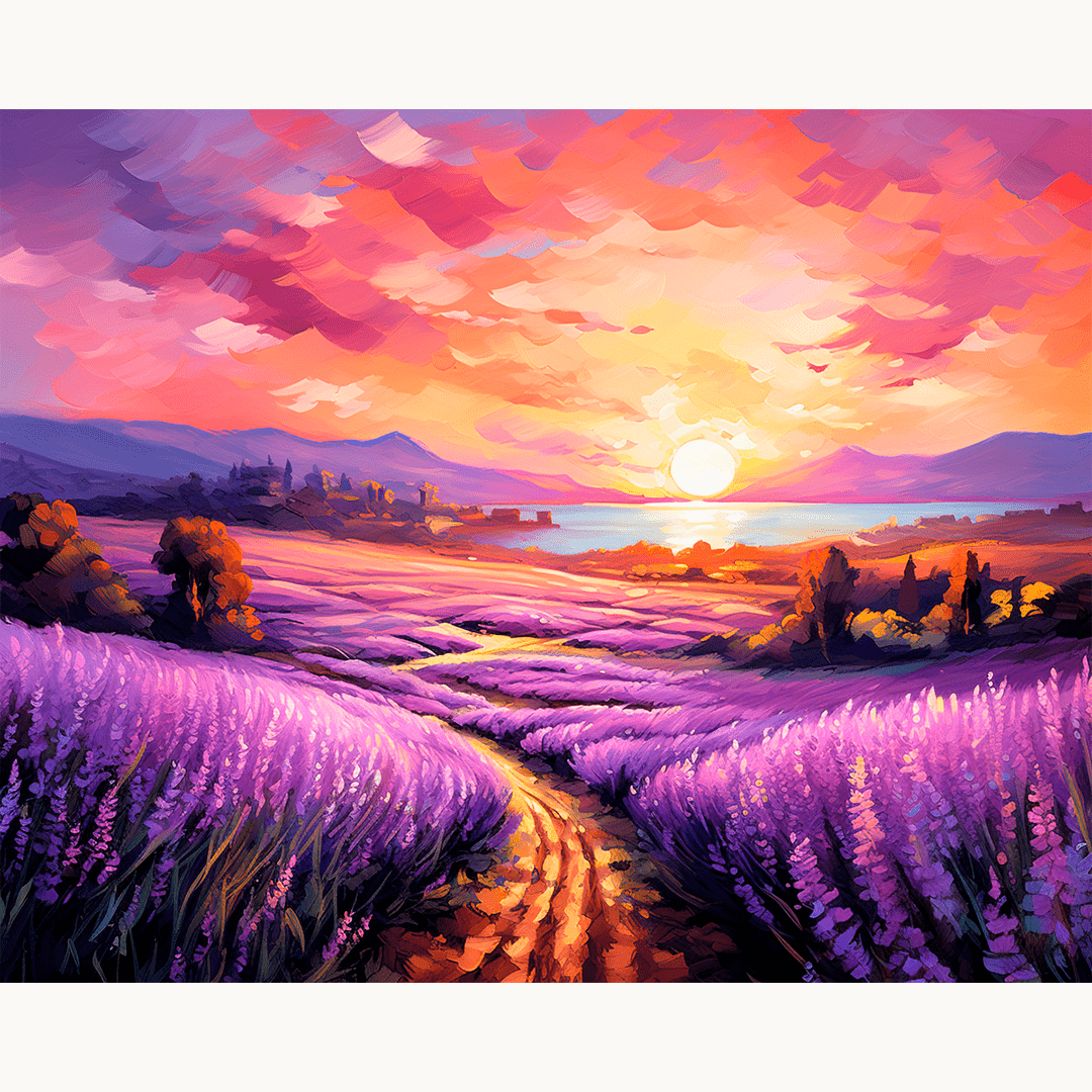 A digital artwork showcases a vibrant sunset over a lavender field.