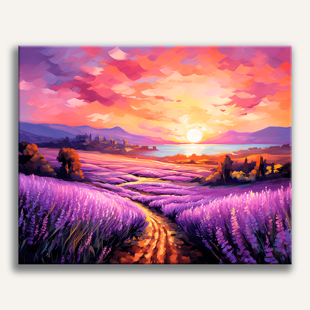 A digital artwork showcases a vibrant sunset over a lavender field.