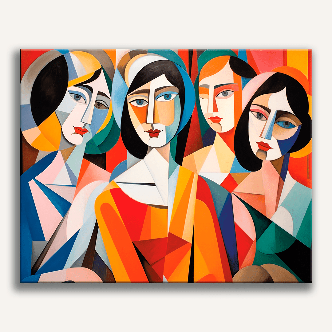 This image displays a vibrant and modern art piece featuring three stylized female figures against a simple background.