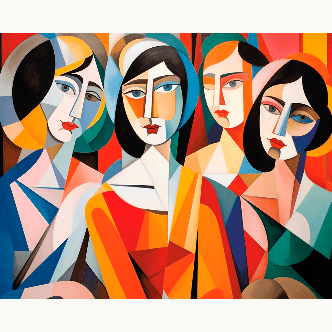 This image displays a vibrant and modern art piece featuring three stylized female figures against a simple background.