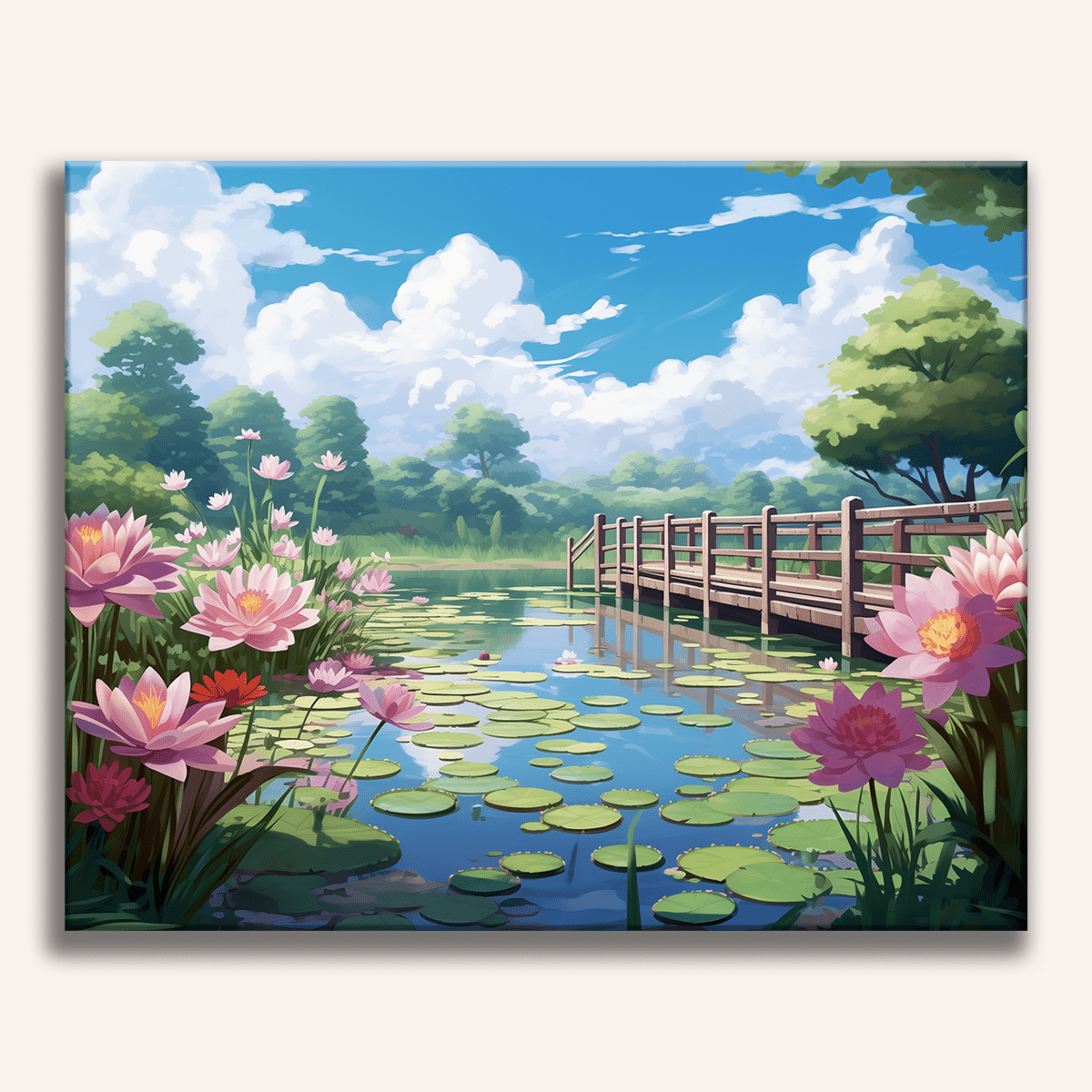 A tranquil scene depicts a serene lilypad-filled pond under a blue sky with scattered clouds.