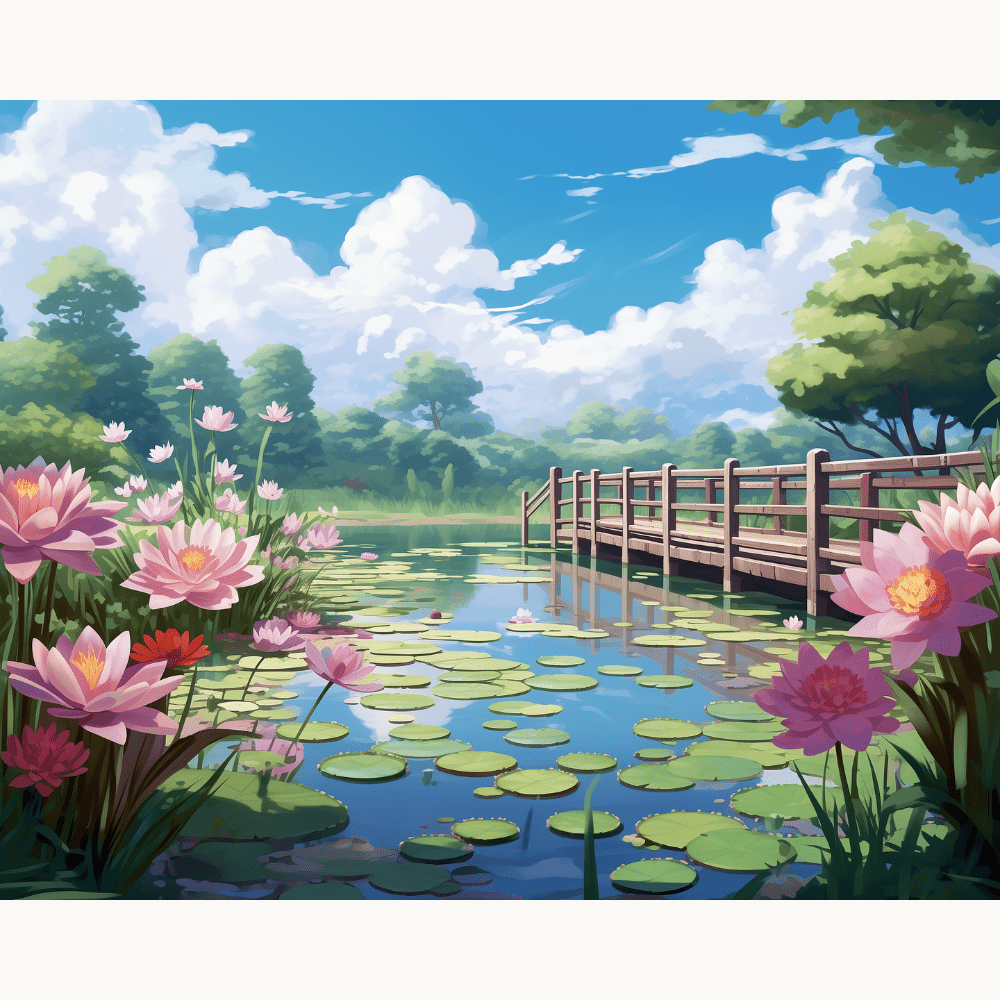 A tranquil scene depicts a serene lilypad-filled pond under a blue sky with scattered clouds.