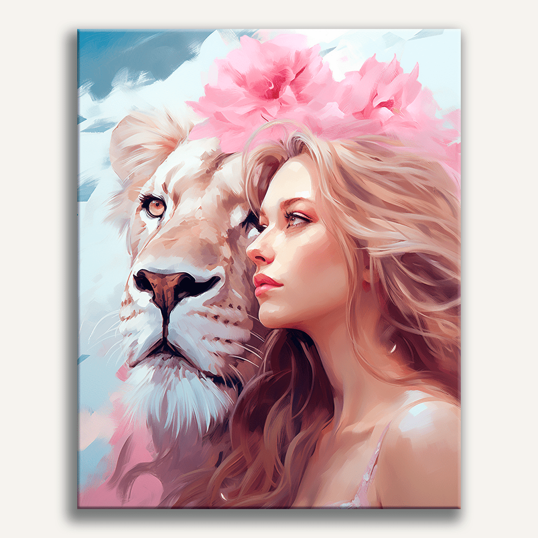 An artistic digital painting depicts a female figure with long hair, standing close to a majestic lion with pink flower crown.
