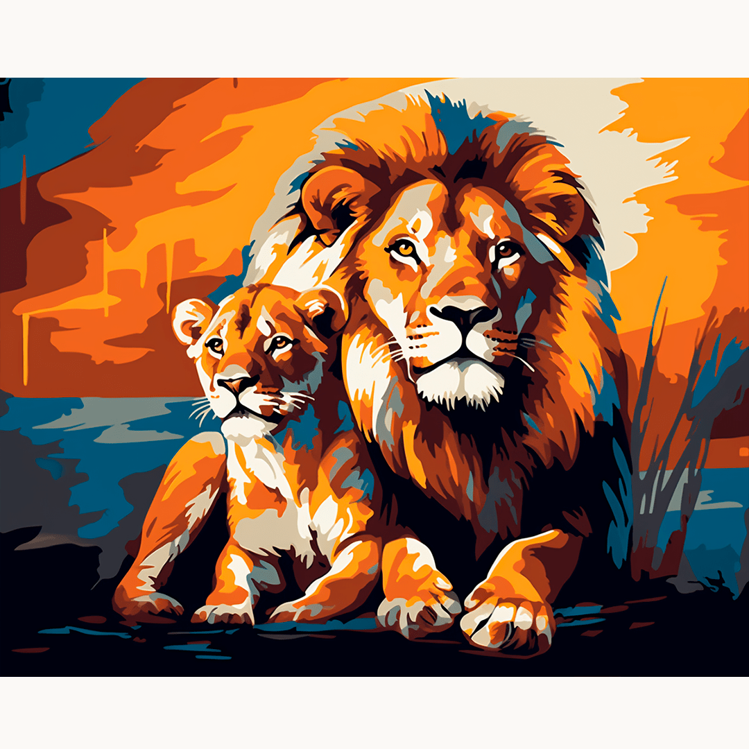 A poster featuring an illustration of a majestic lion and a cub.