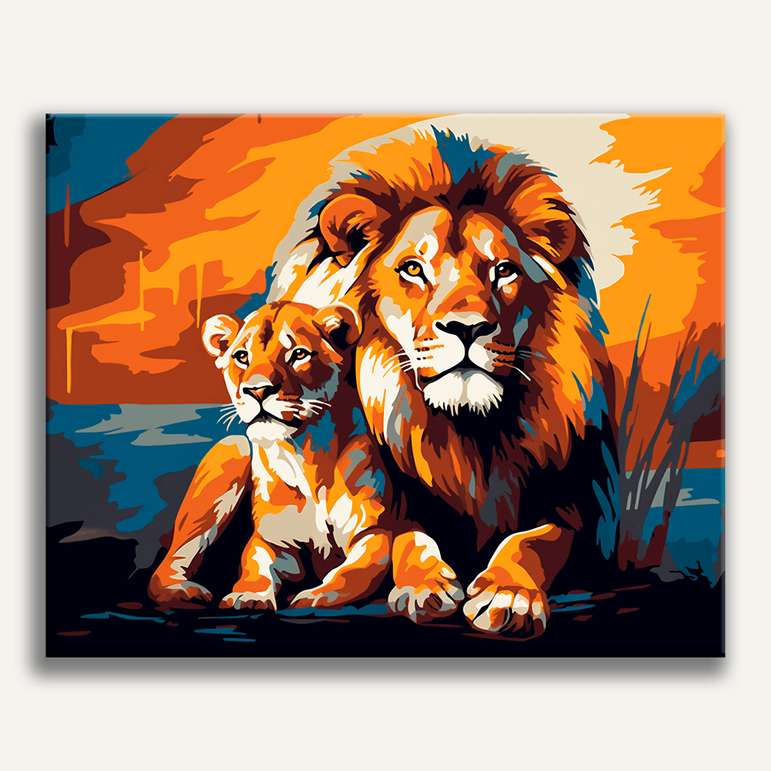 A poster featuring an illustration of a majestic lion and a cub.
