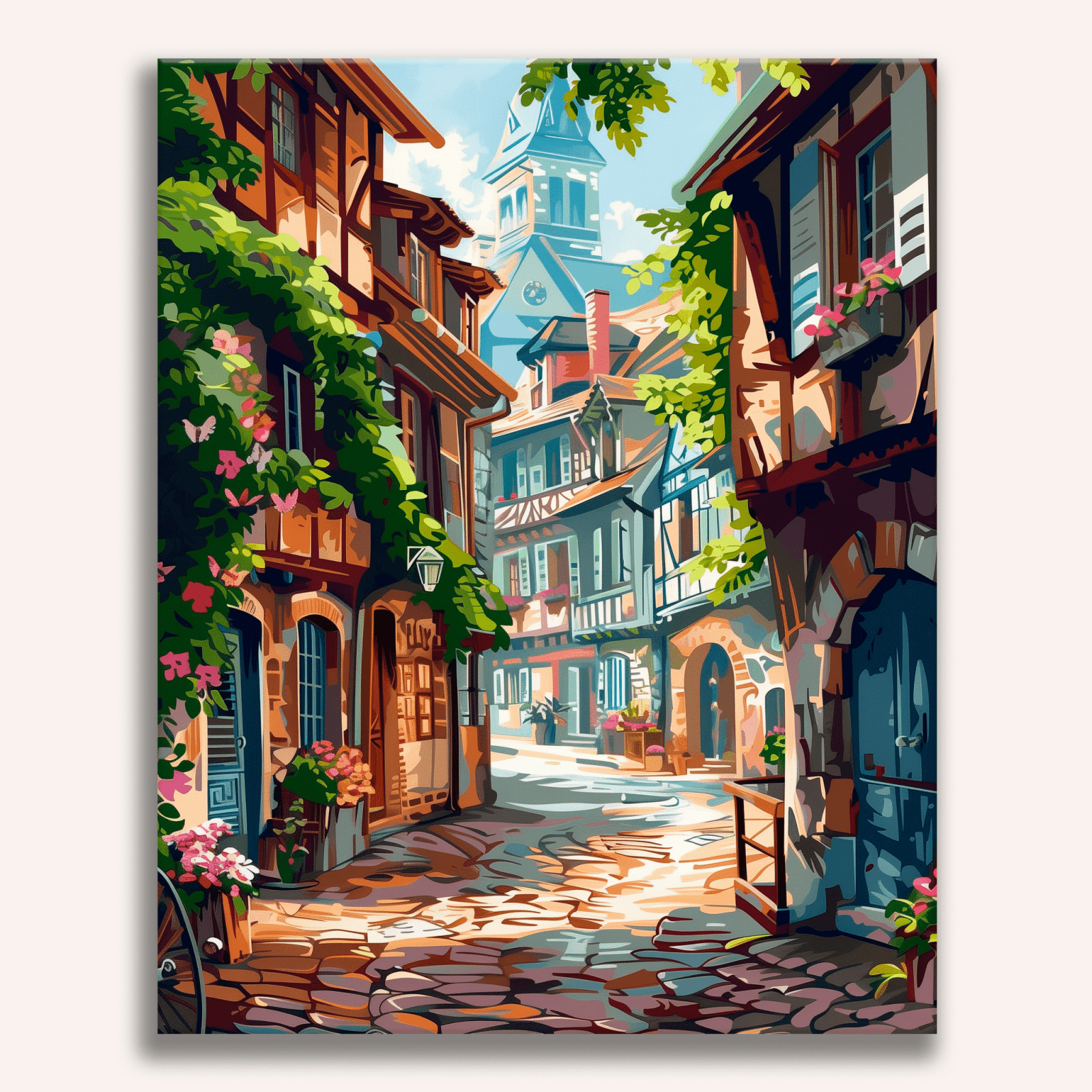 A colorful digital illustration depicts a charming European village scene.
