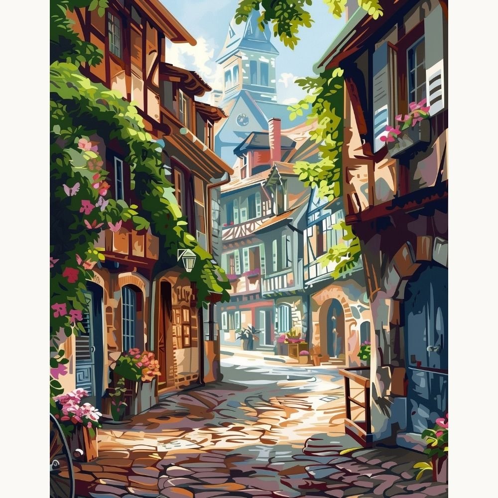 A colorful digital illustration depicts a charming European village scene.