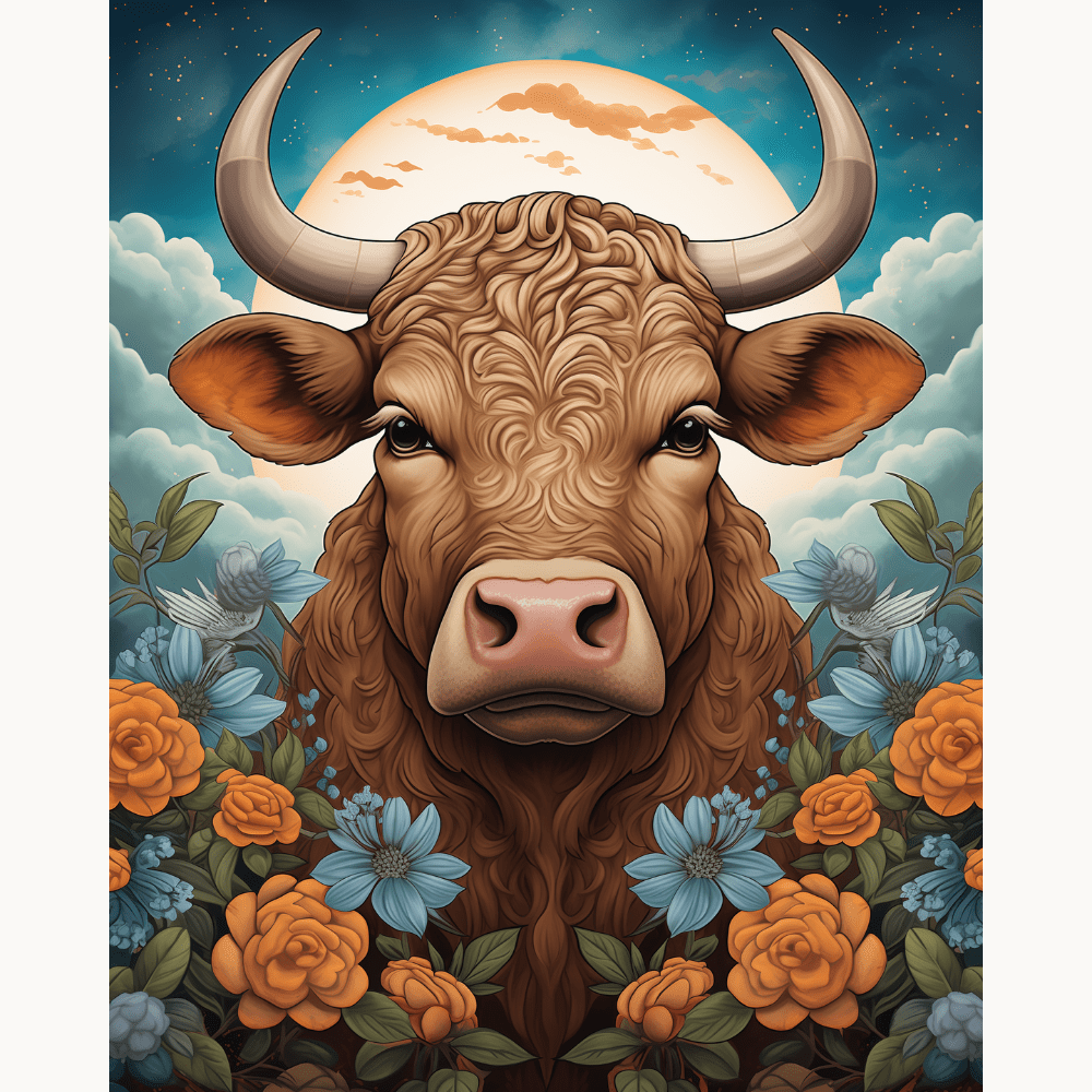 This image features a stylized depiction of a brown cow prominently displayed against a backdrop that includes floral elements and a night sky with a crescent moon..
