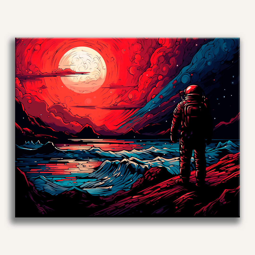 An astronaut stands on a rocky shore at sunset, overlooking an expanse of ocean.