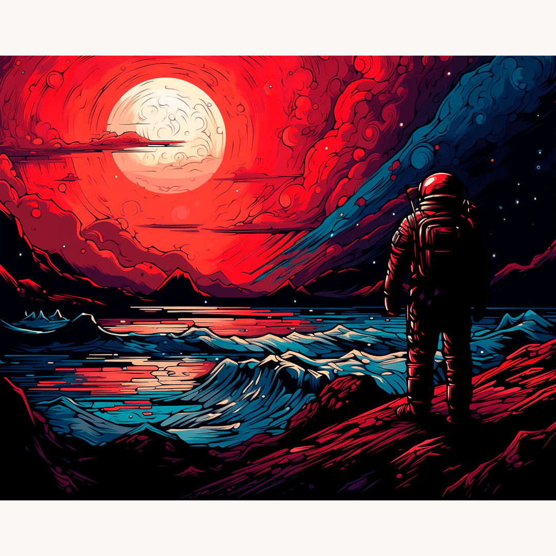 An astronaut stands on a rocky shore at sunset, overlooking an expanse of ocean.