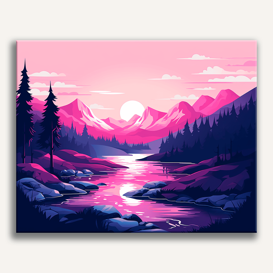 A tranquil night scene showcases a large, majestic mountain under a vibrant pink sky.