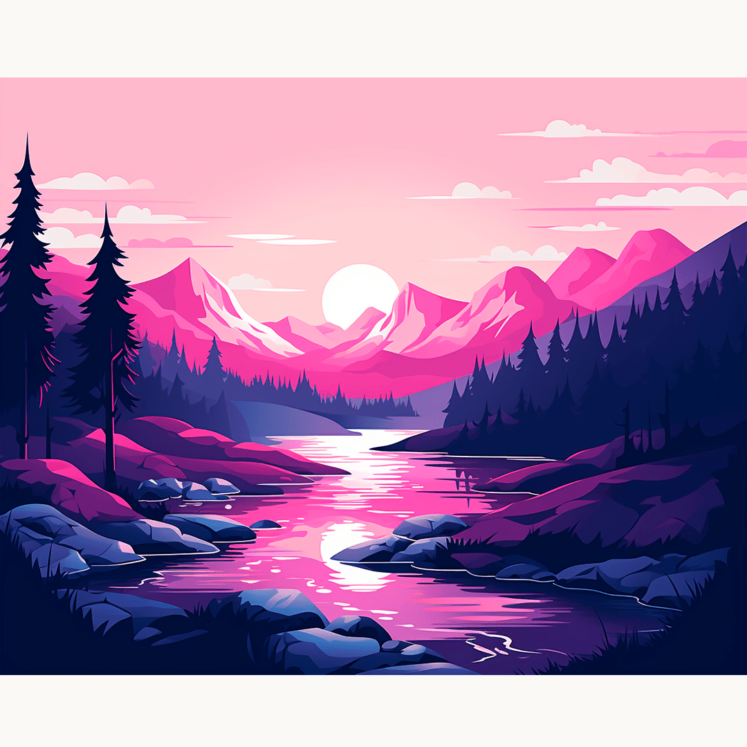 A tranquil night scene showcases a large, majestic mountain under a vibrant pink sky.