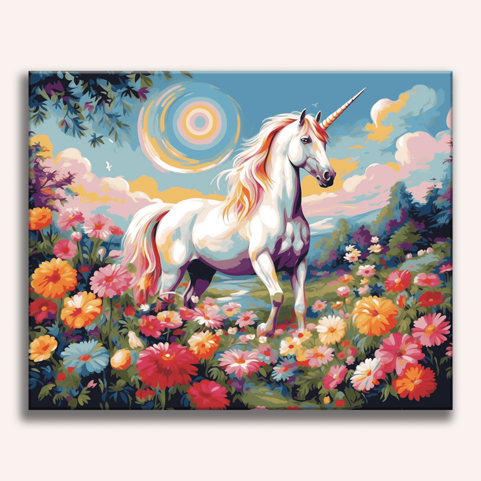 An artistic depiction features a unicorn standing amidst a vibrant field filled with flowers, under a clear sky.