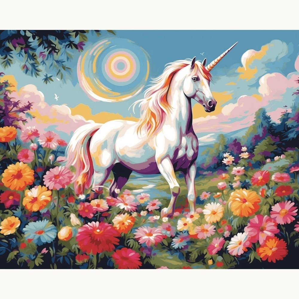 An artistic depiction features a unicorn standing amidst a vibrant field filled with flowers, under a clear sky.