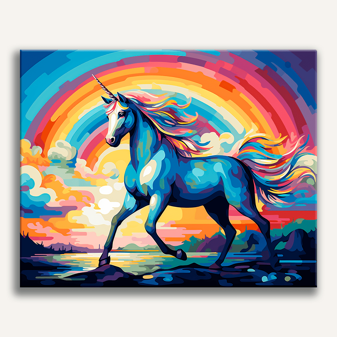 An artistic depiction features a unicorn standing amidst a vibrant field filled with flowers, under a clear sky.
