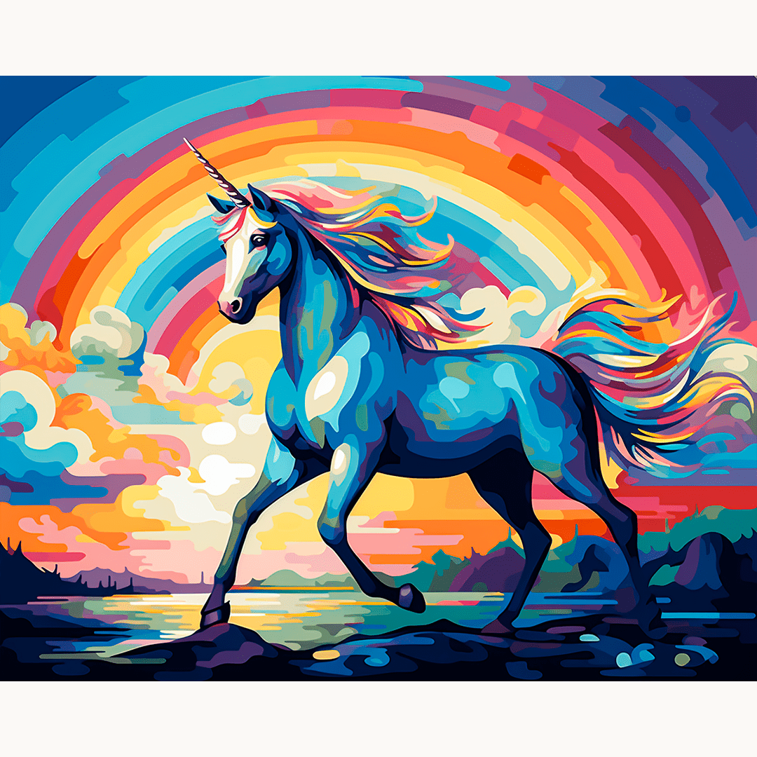 An artistic depiction features a unicorn standing amidst a vibrant field filled with flowers, under a clear sky.