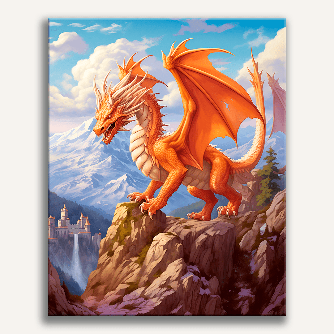 An illustration features a majestic red dragon, standing tall on a rocky outcrop.