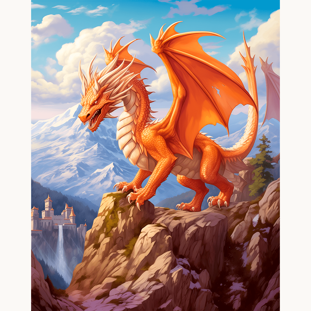 An illustration features a majestic red dragon, standing tall on a rocky outcrop.