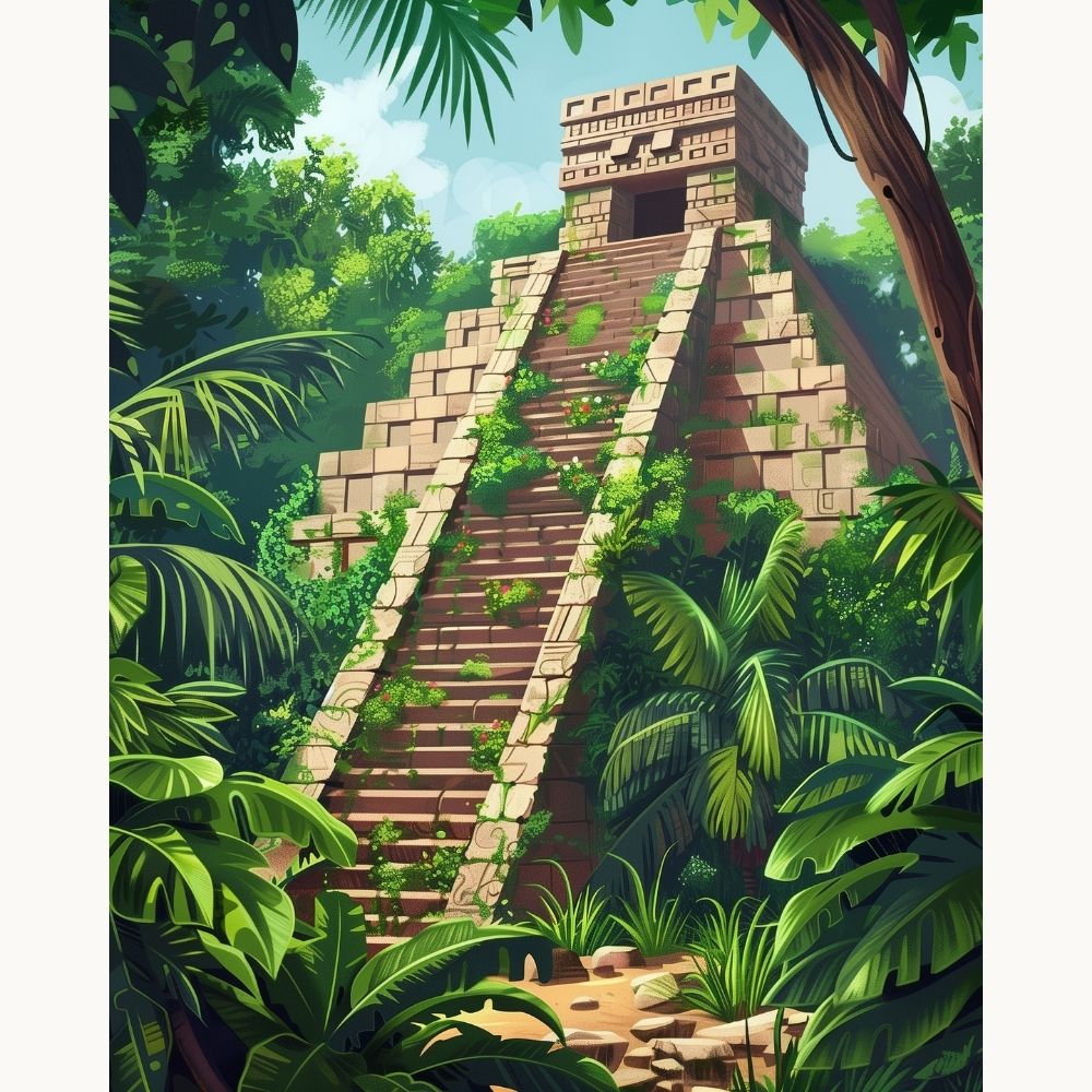 This is a digital illustration depicting an ancient ruin with a temple-like structure on a steep incline covered in lush greenery and dense foliage.