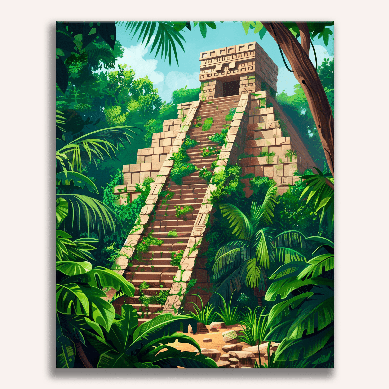 This is a digital illustration depicting an ancient ruin with a temple-like structure on a steep incline covered in lush greenery and dense foliage.