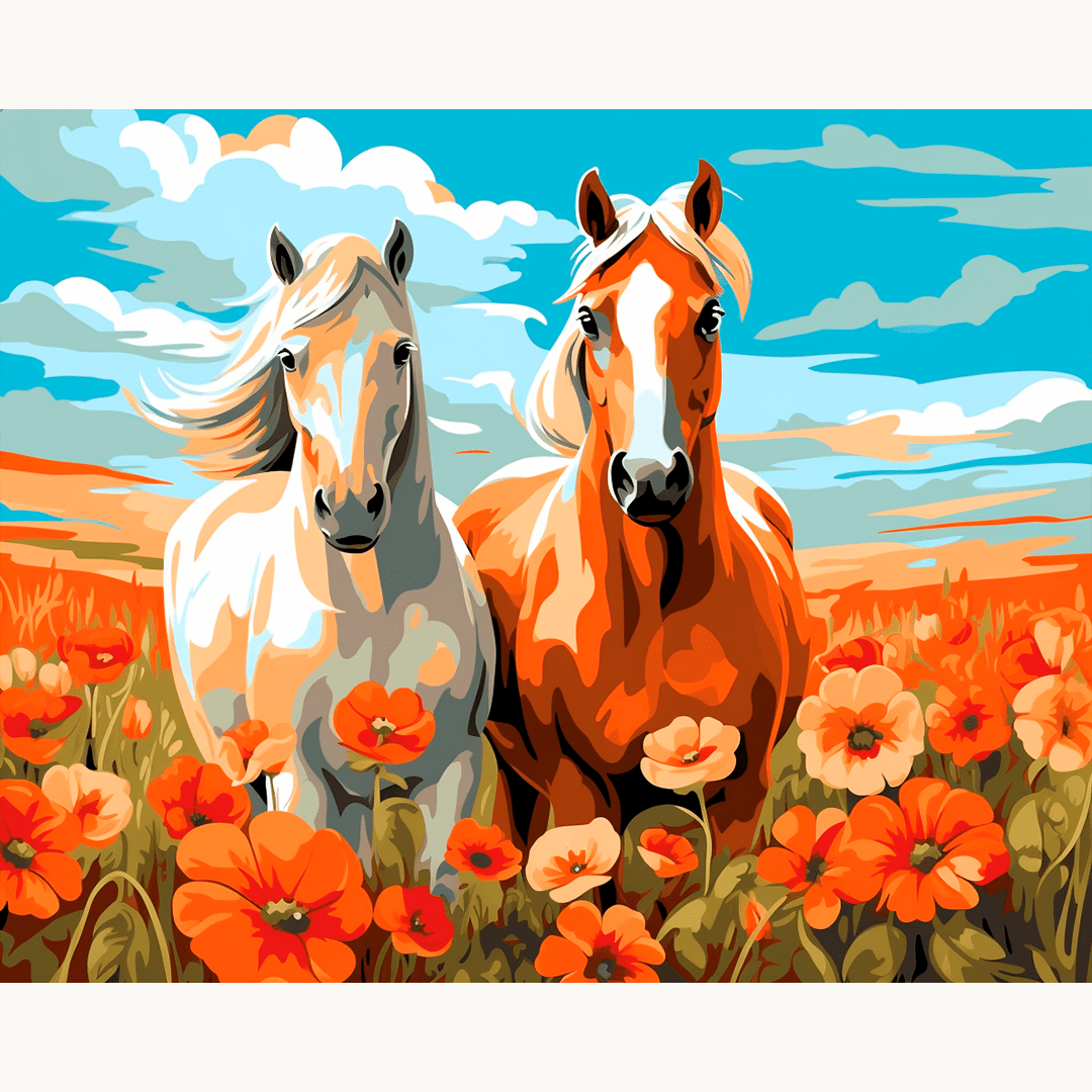 Two horses stand amidst a field of vibrant poppies.