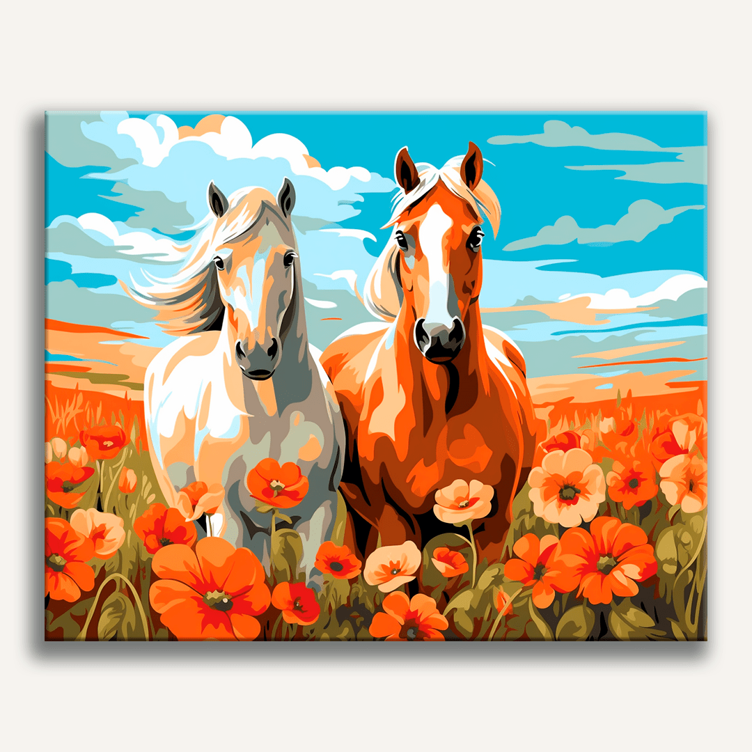 Two horses stand amidst a field of vibrant poppies.