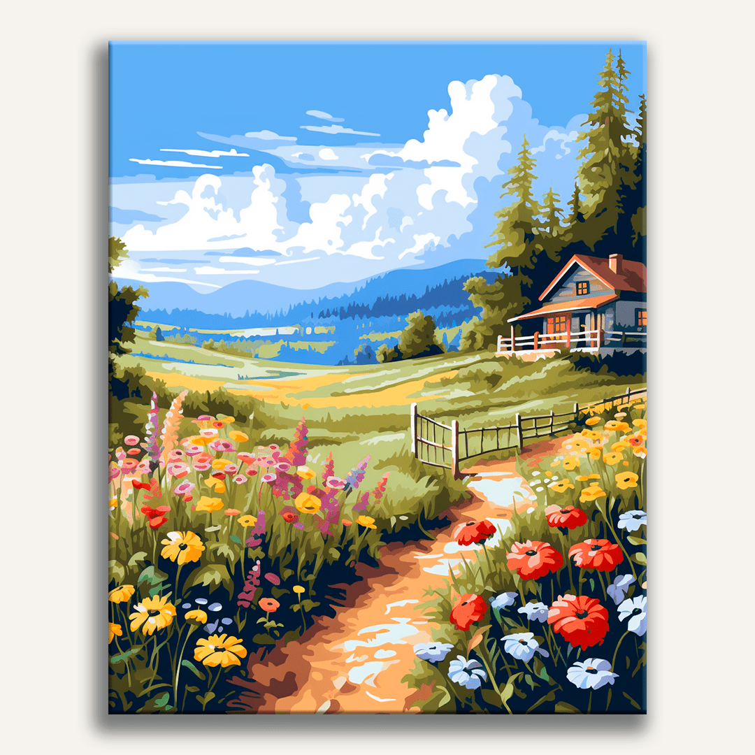 A vibrant illustration depicts a pastoral scene with a quaint wooden house nestled amidst verdant fields and mountains.