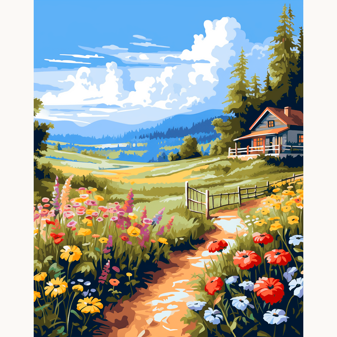 A vibrant illustration depicts a pastoral scene with a quaint wooden house nestled amidst verdant fields and mountains.