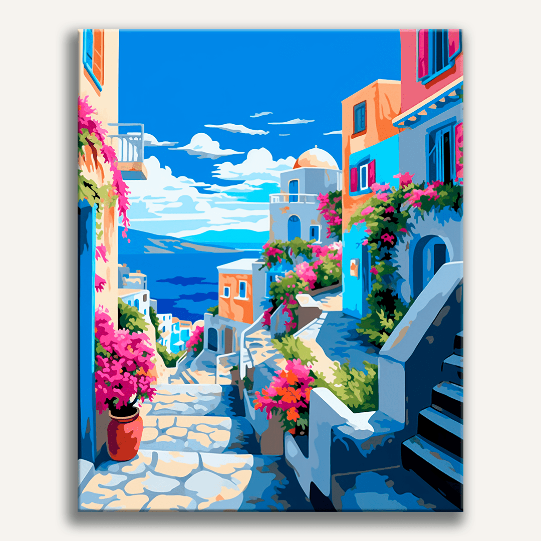 The image showcases a picturesque European seaside street.