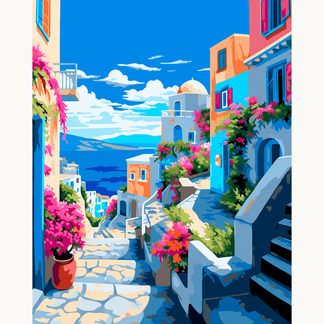 The image showcases a picturesque European seaside street.