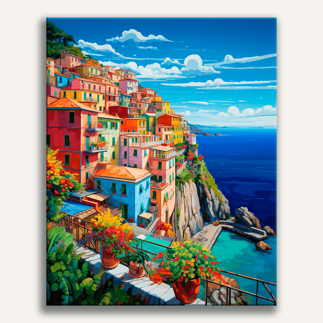 A vibrant seaside village on a cliff, colorful houses, blue sky, green plants, ocean visible from terraces, stone buildings..
