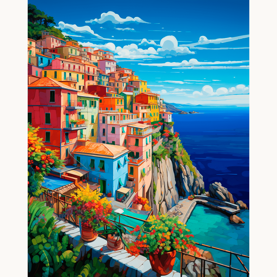 A vibrant seaside village on a cliff, colorful houses, blue sky, green plants, ocean visible from terraces, stone buildings..