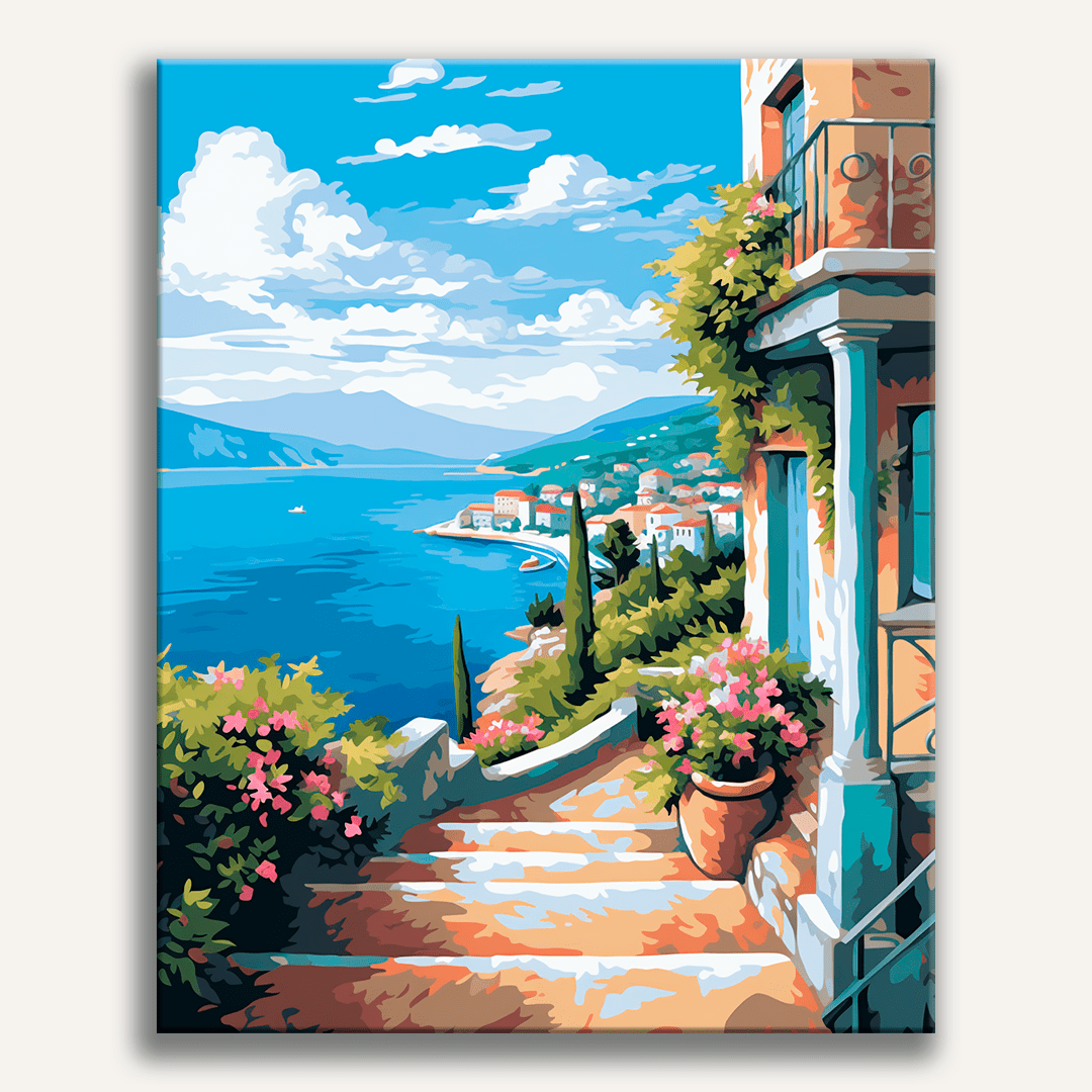 A picturesque Mediterranean landscape featuring a quaint coastal town.