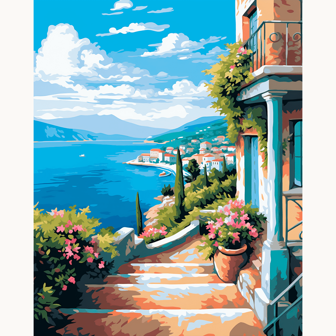A picturesque Mediterranean landscape featuring a quaint coastal town.