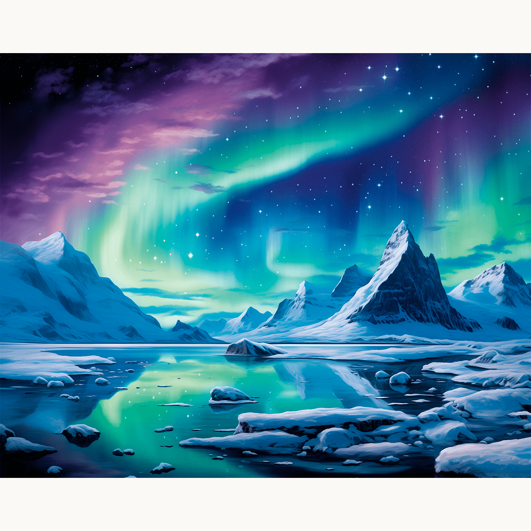 The image presents a breathtaking nighttime view of the Aurora Borealis, commonly known as the Northern Lights, set against a backdrop of majestic snow-capped mountains and icebergs..