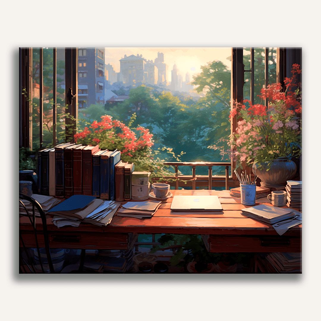 A window view of a serene room filled with a variety of objects that suggest a lived-in and creative space..