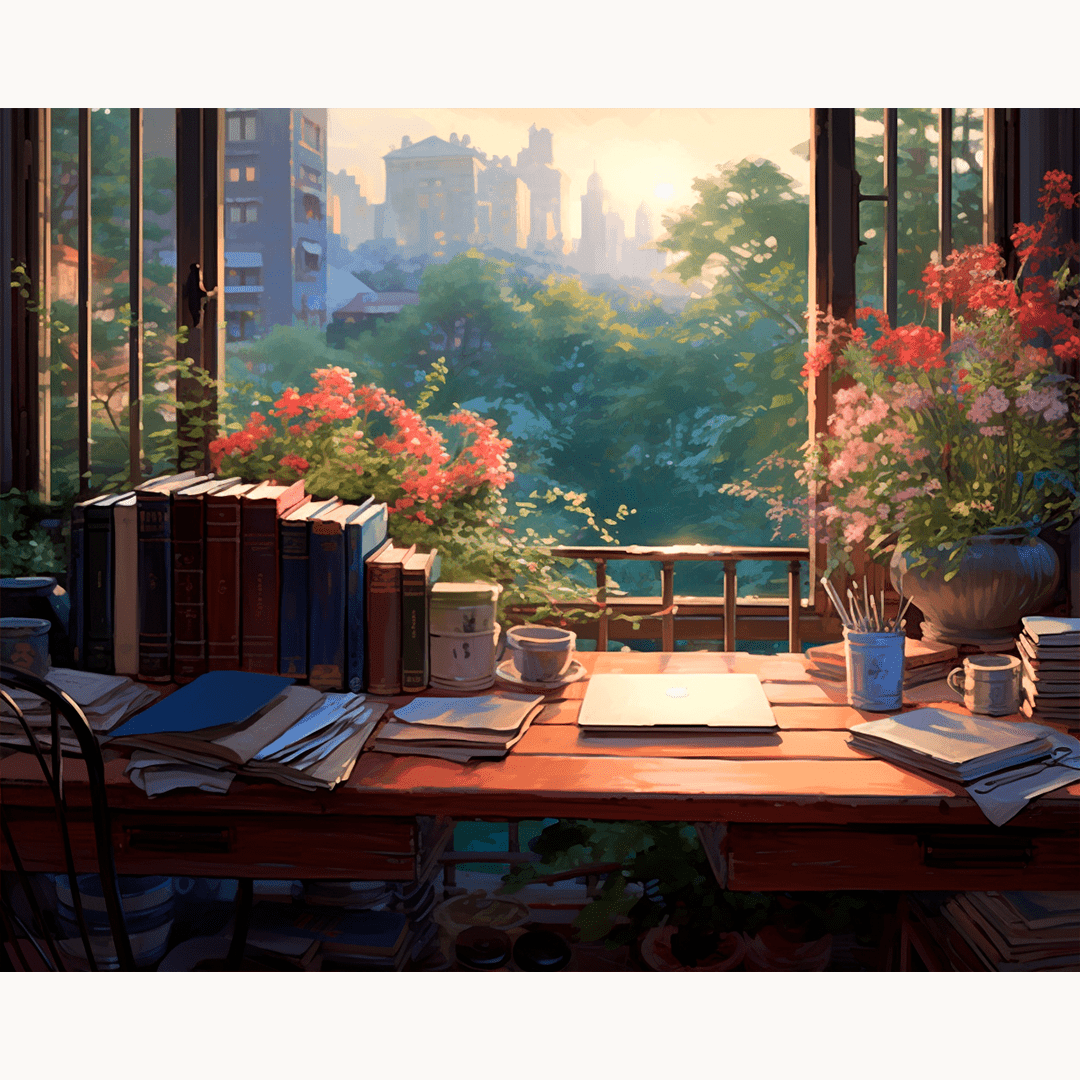 A window view of a serene room filled with a variety of objects that suggest a lived-in and creative space..
