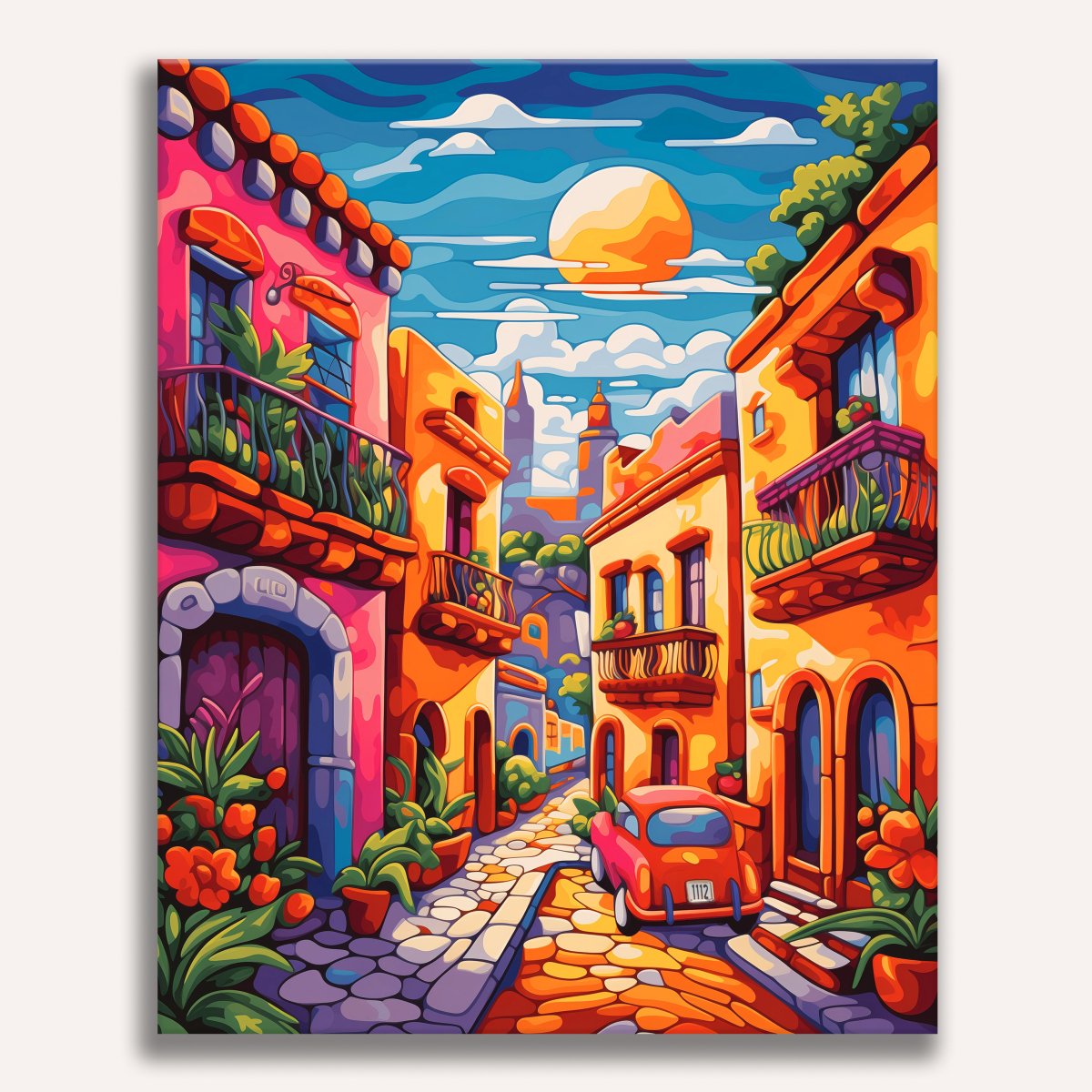 A vibrant illustration depicts a sunny day in a colorful, cartoonish Mediterranean village.