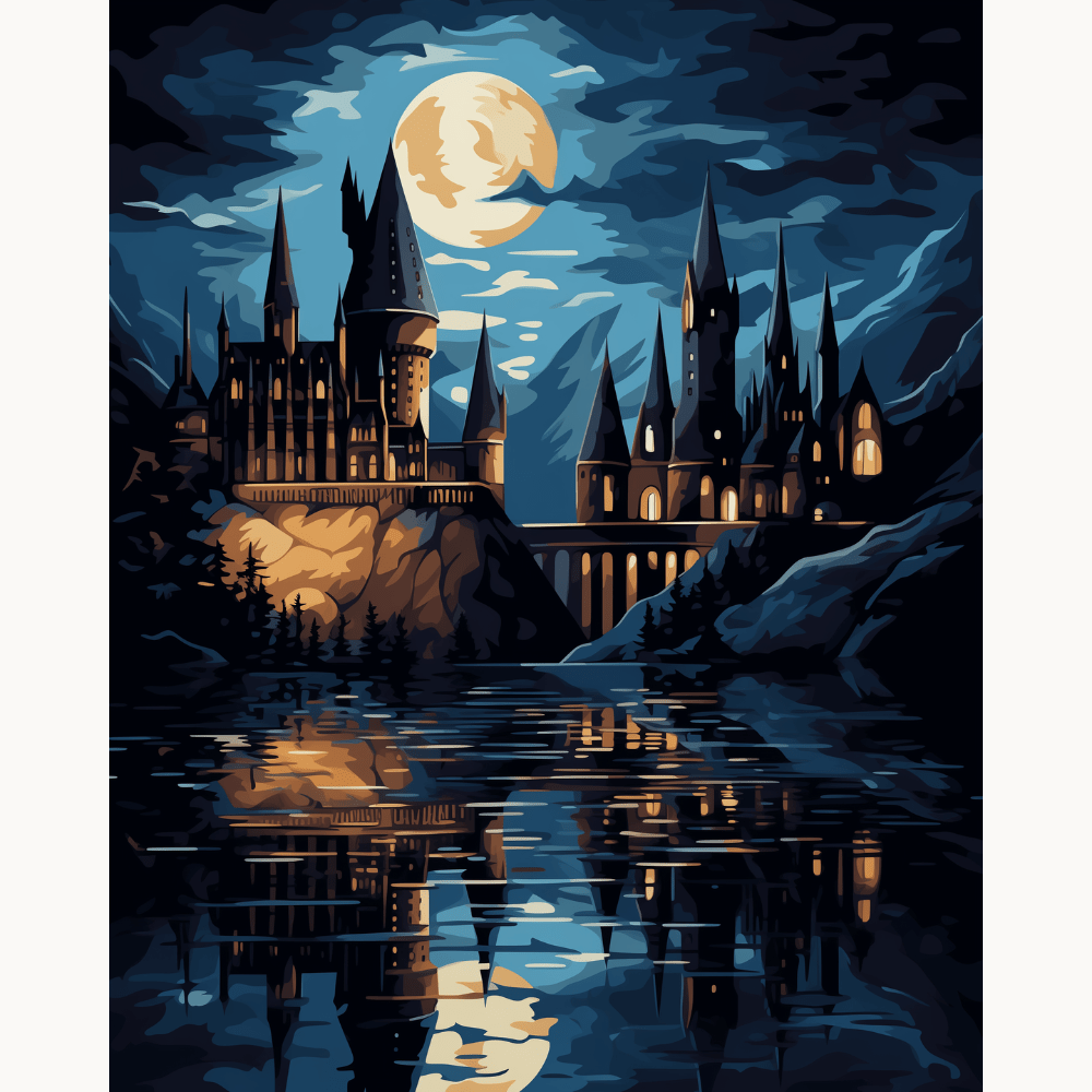 The image depicts a serene night scene at Hogwarts Castle, famously known from the Harry Potter series.