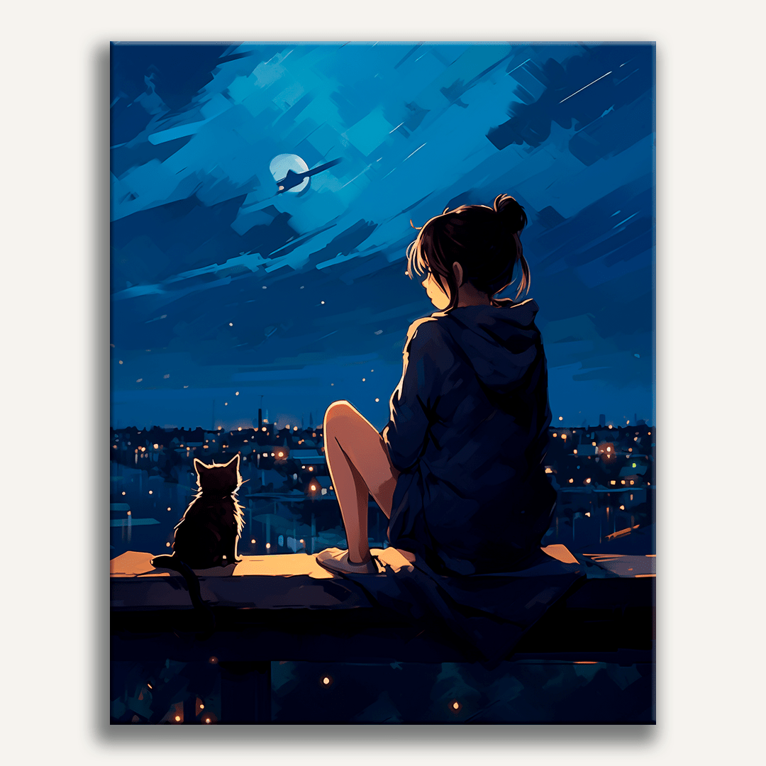 The image shows a tranquil night scene featuring an animated female figure seated on a bench with her legs crossed.