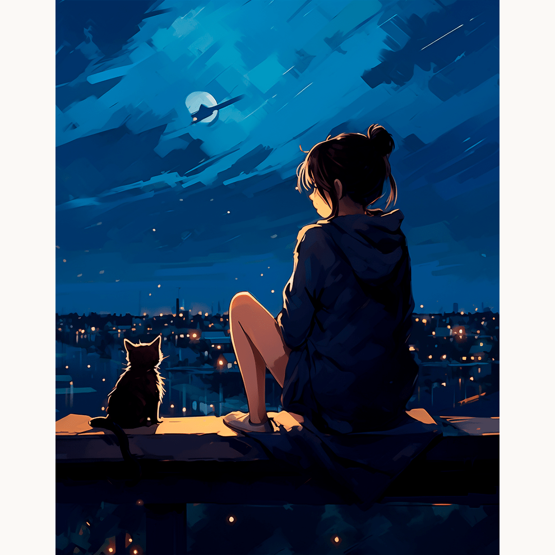 The image shows a tranquil night scene featuring an animated female figure seated on a bench with her legs crossed.