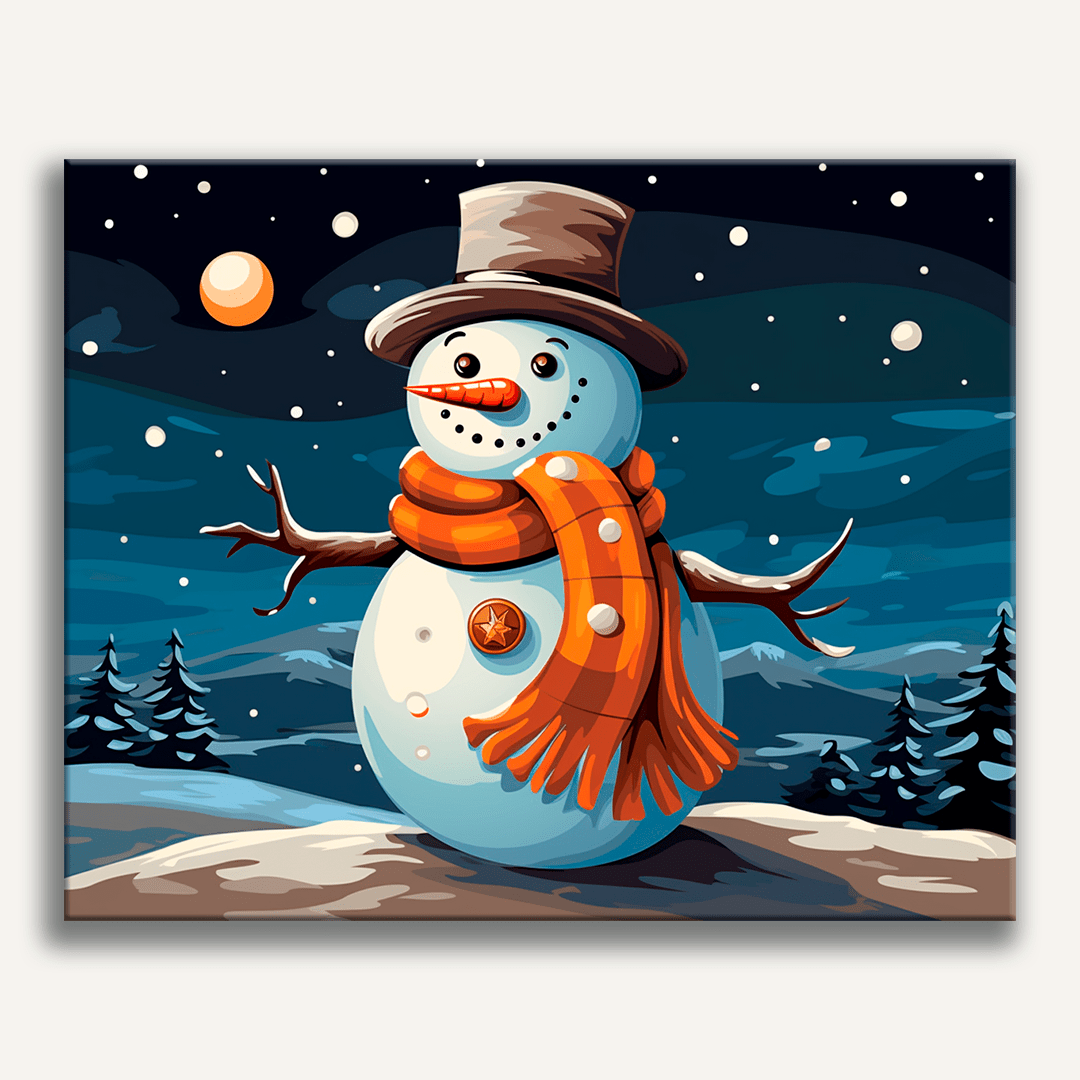 A vibrant and festive illustration features a snowman character standing upright against a dark background, which suggests a nighttime setting.