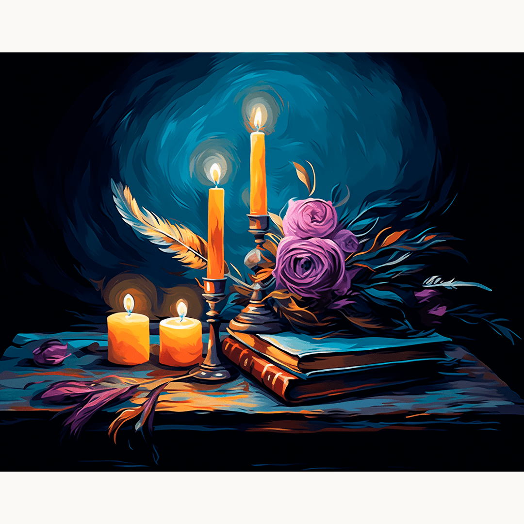 A digital illustration showcases a romantic tableau on a nightstand against a dark, moody background.
