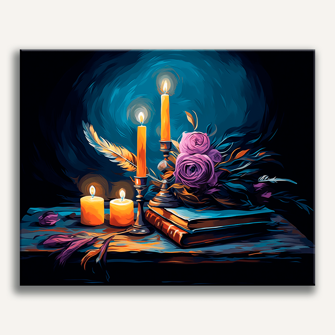 A digital illustration showcases a romantic tableau on a nightstand against a dark, moody background.