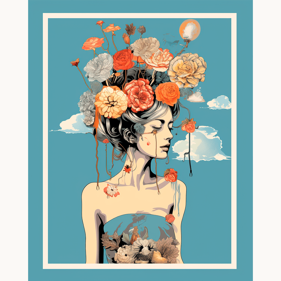 The image features a poster print of an artistic illustration.
