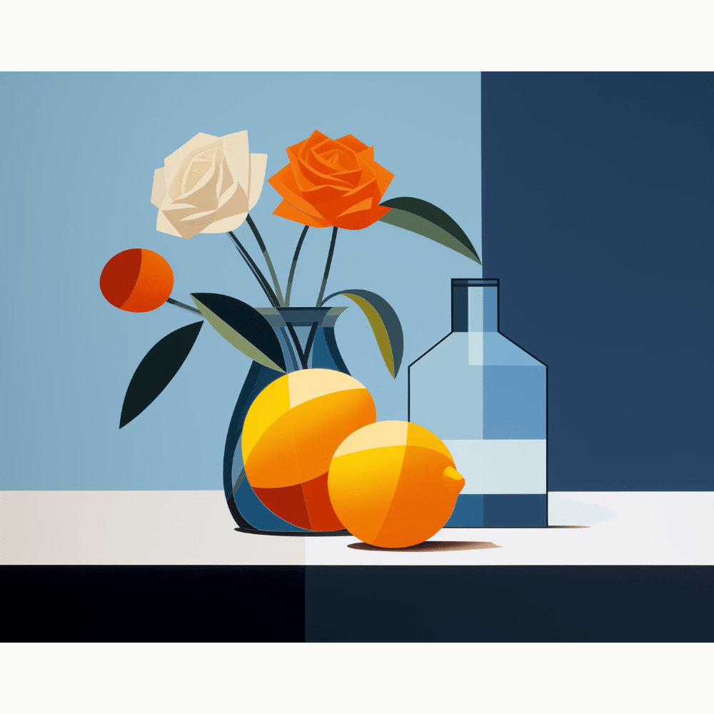 The image presents a still life composition featuring a vase filled with orange flowers and two lemons.