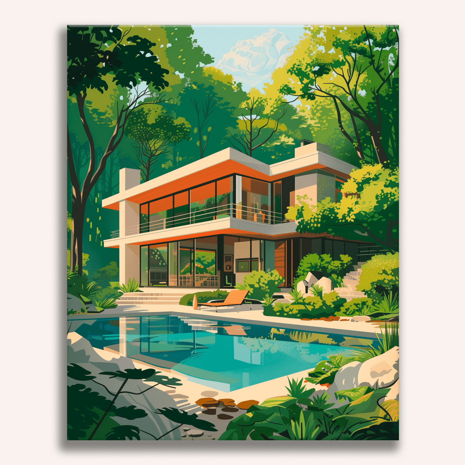 In the center of a lush garden, a modern house stands as the focal point.